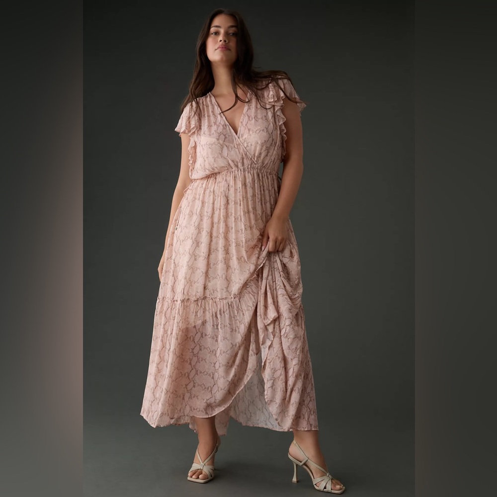 Anthropologie Plus Size 1X Sheer V-Neck Flutter Sleeve Midi Dress EUC